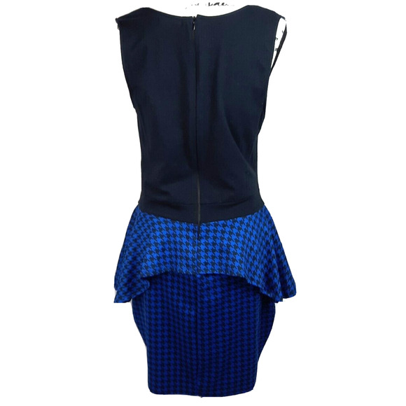 Vtg Apple Bottoms Y2K Cut Out Peplum Pencil Dress Large Blue Black Houndstooth - Picture 3 of 16